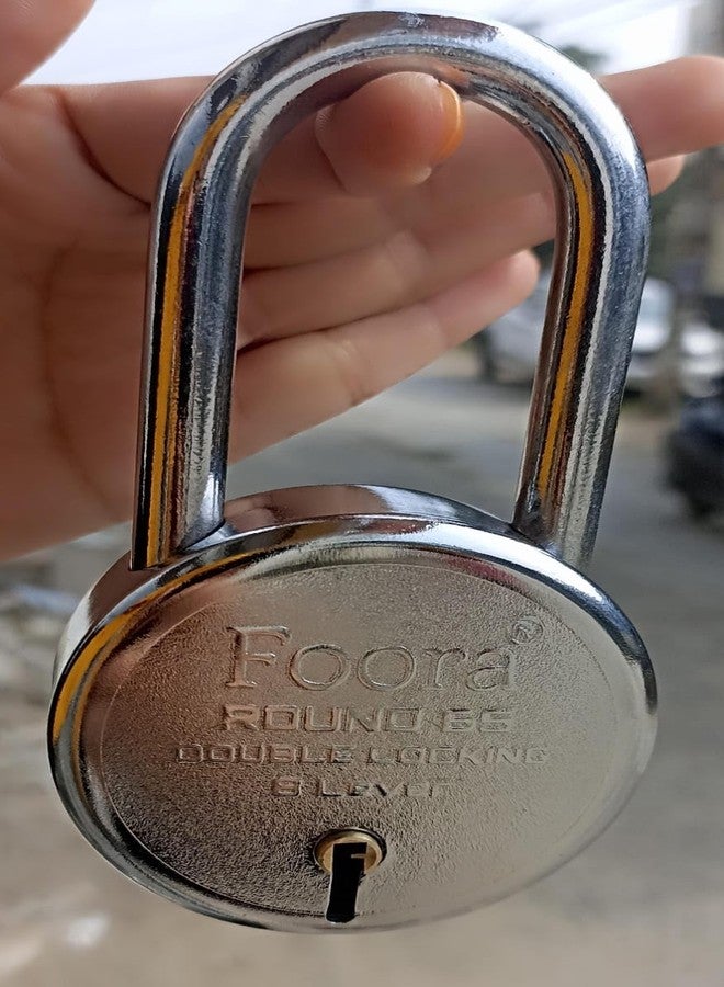 Foora Round 65 Long Shakle Lock with Long Shackle - Metal Body, Double Locking, 8 Steel Levers, 5 Silver Keys with Keychain, Silver Finish, Ideal for Door, Gate, Home and Shutters (Original Image) - Image 1